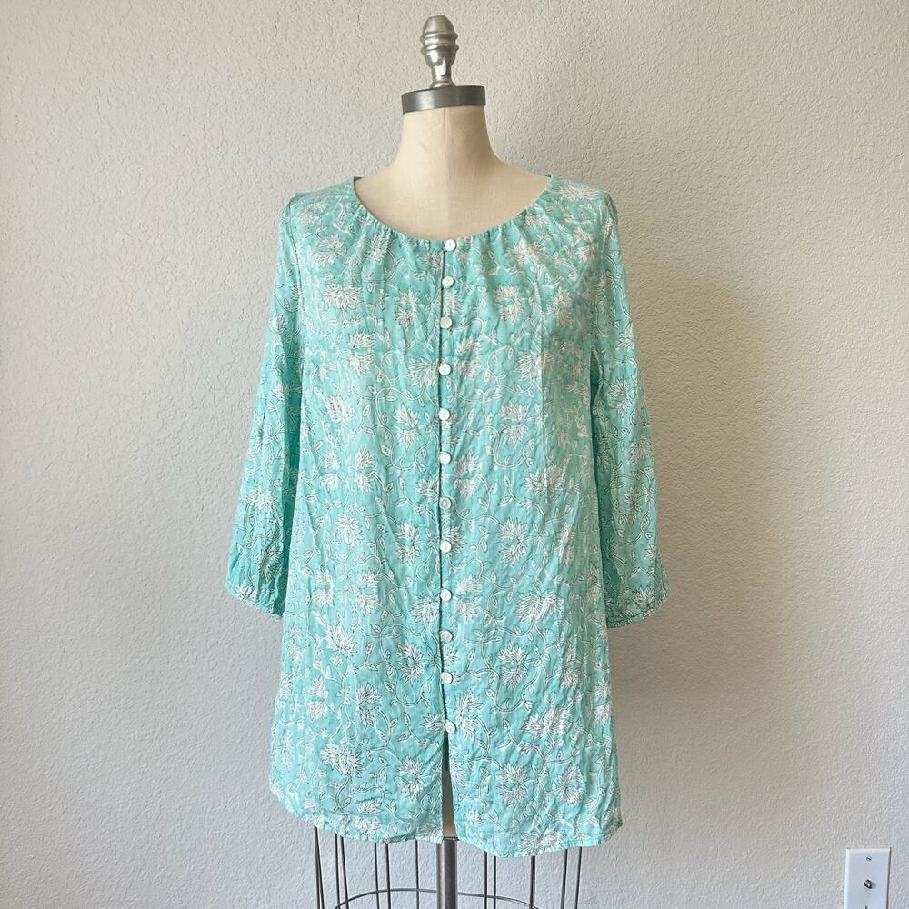 J. JILL Pure Jill Tunic Top Mint Green Floral Cotton Button Up Blouse